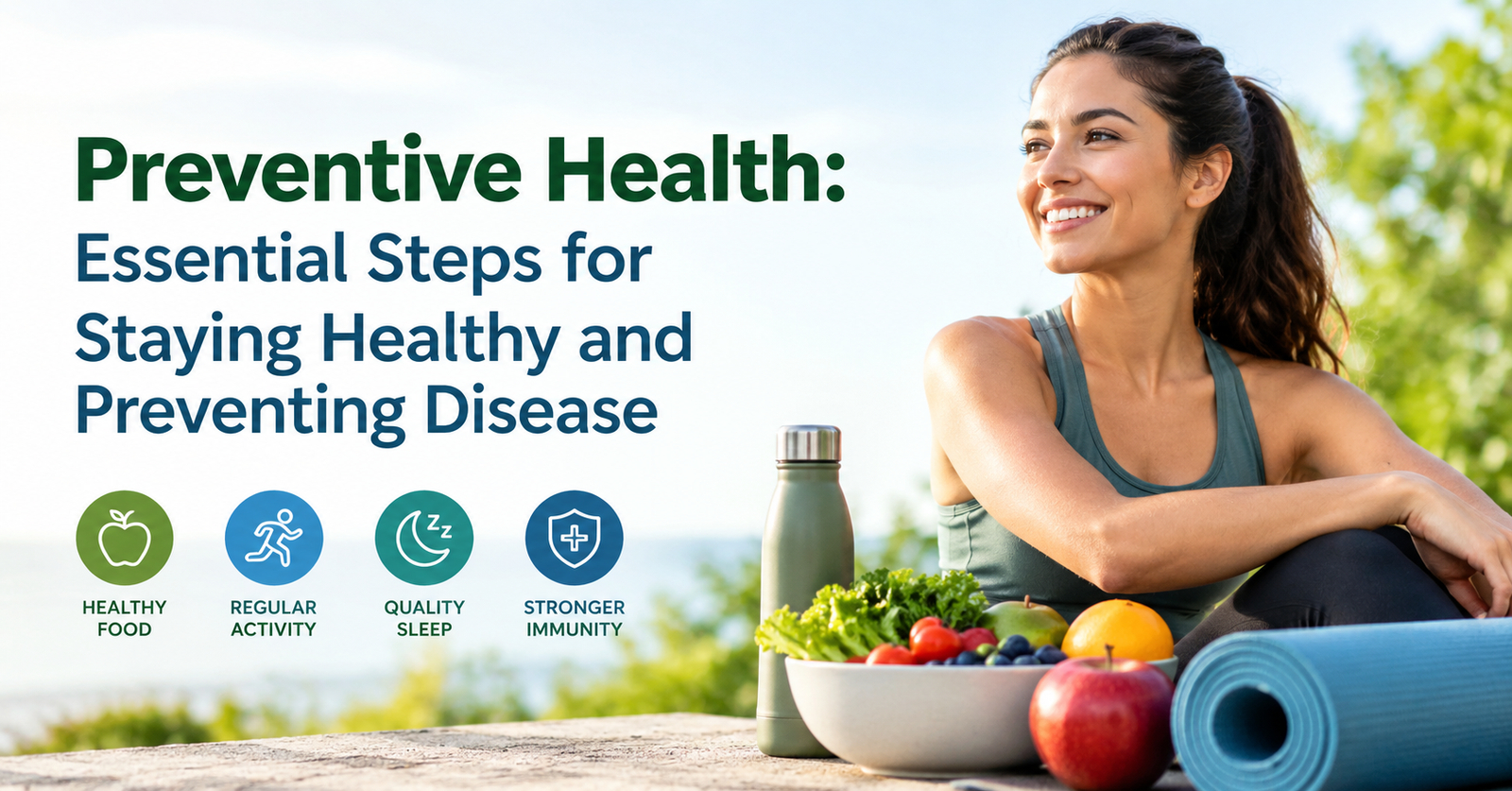 Woman practicing healthy lifestyle with fresh fruits, water bottle, and yoga mat, illustrating preventive health and disease prevention.