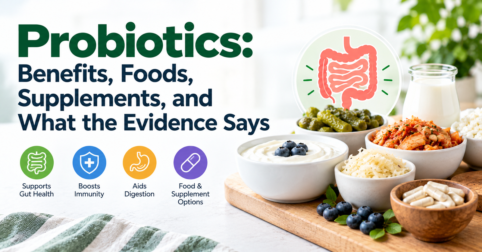 Probiotic foods including yogurt, kefir, kimchi, pickles, sauerkraut, blueberries, and probiotic supplement capsules alongside a digestive health illustration.