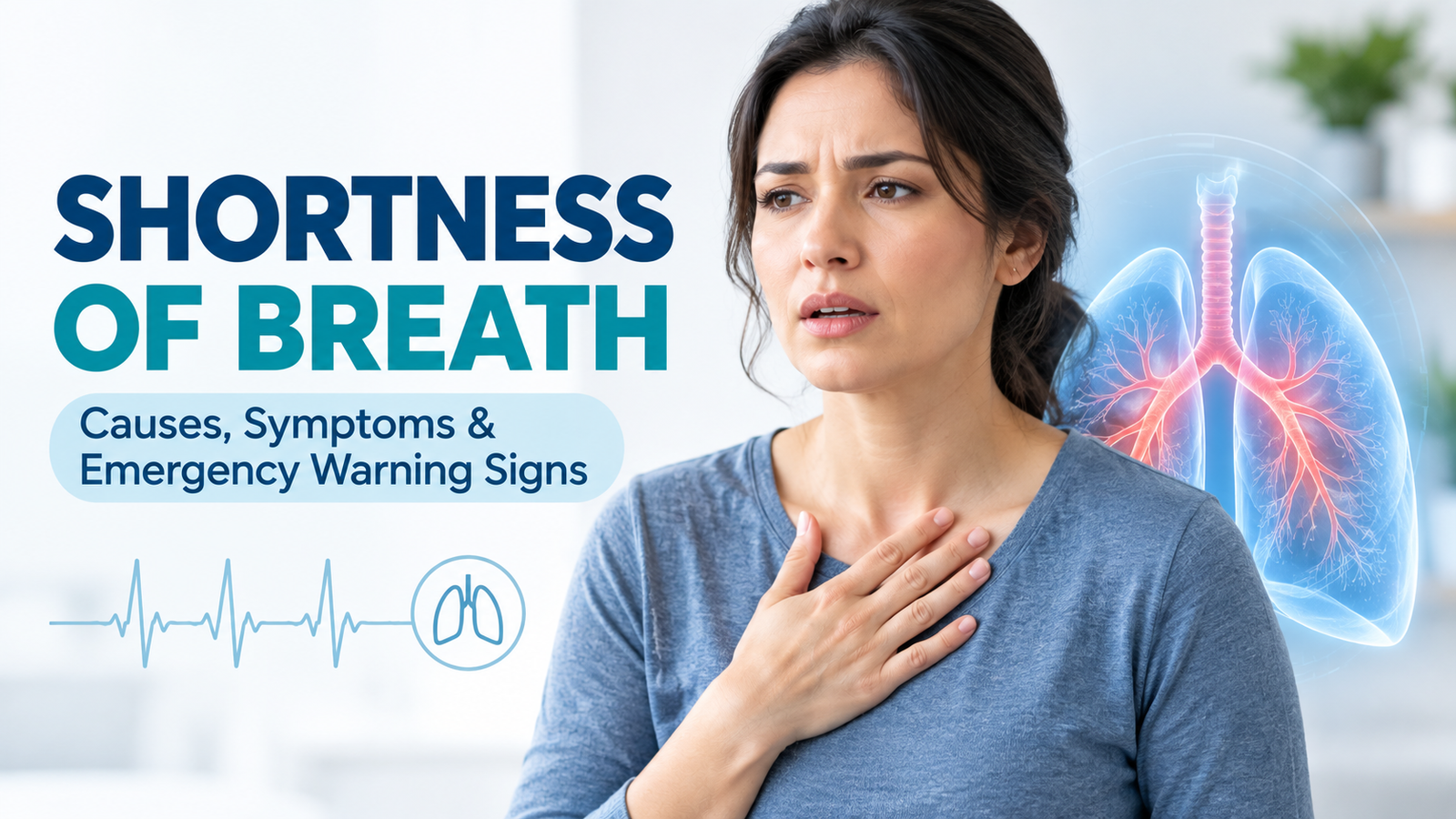 Illustration of a person experiencing shortness of breath with lungs and airways shown