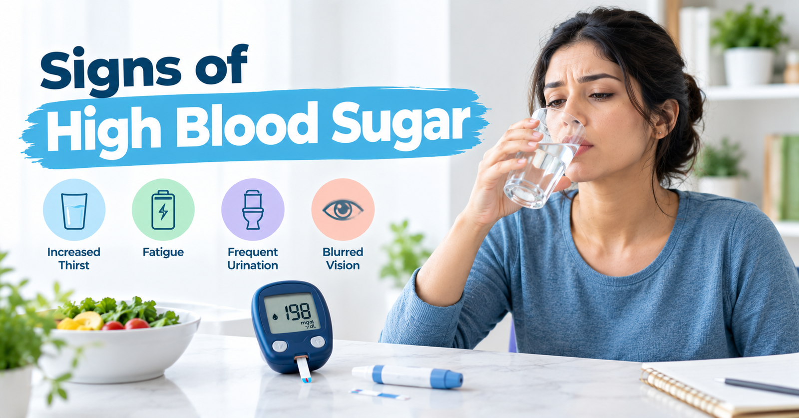 Signs and symptoms of high blood sugar, including thirst, frequent urination, fatigue, and blurry vision.