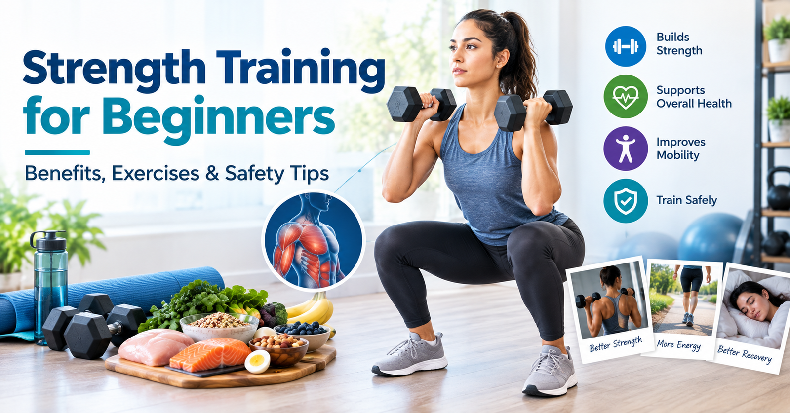 Beginner performing a strength training exercise with dumbbells in a clean fitness setting.