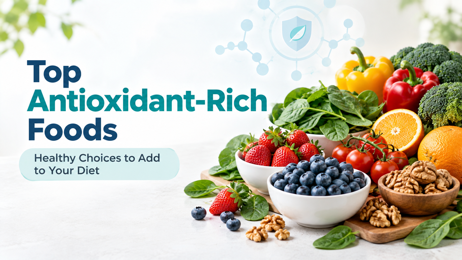 Colorful antioxidant-rich foods including berries, leafy greens, tomatoes, broccoli, citrus, and nuts
