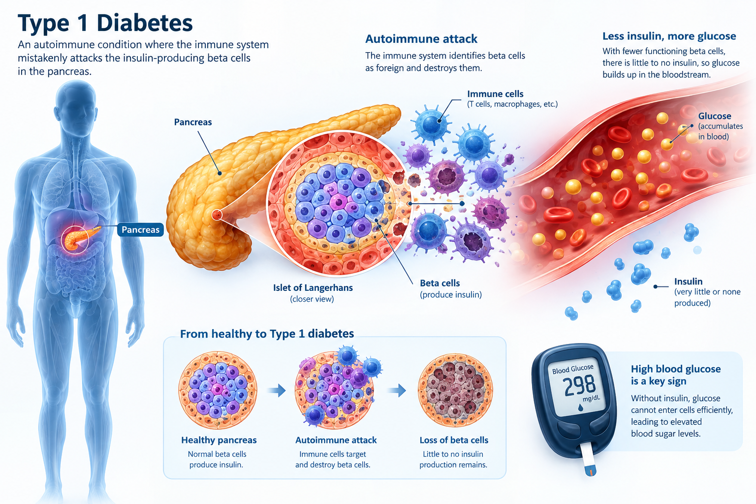 Medical illustration showing Type 1 diabetes, insulin production, and blood glucose