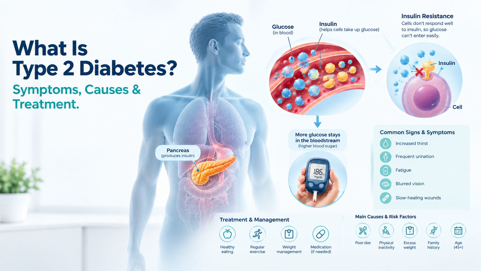 Medical illustration showing type 2 diabetes, insulin resistance, and blood glucose
