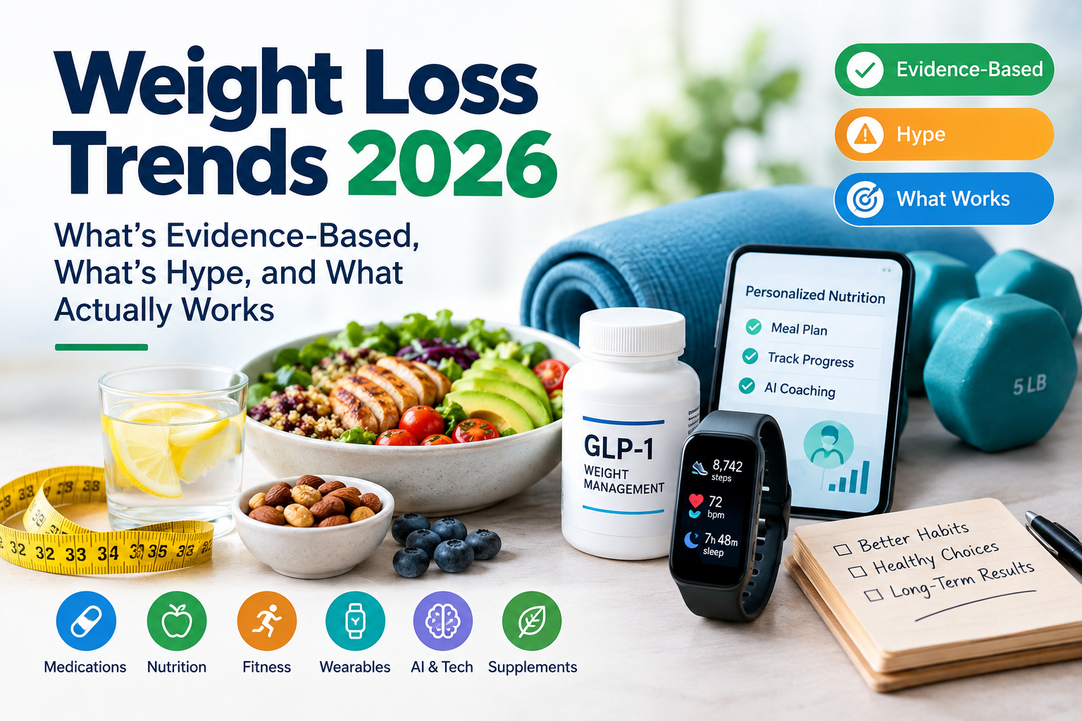Weight Loss Trends 2026 featuring nutrition, fitness, GLP-1 medications, and AI tools.