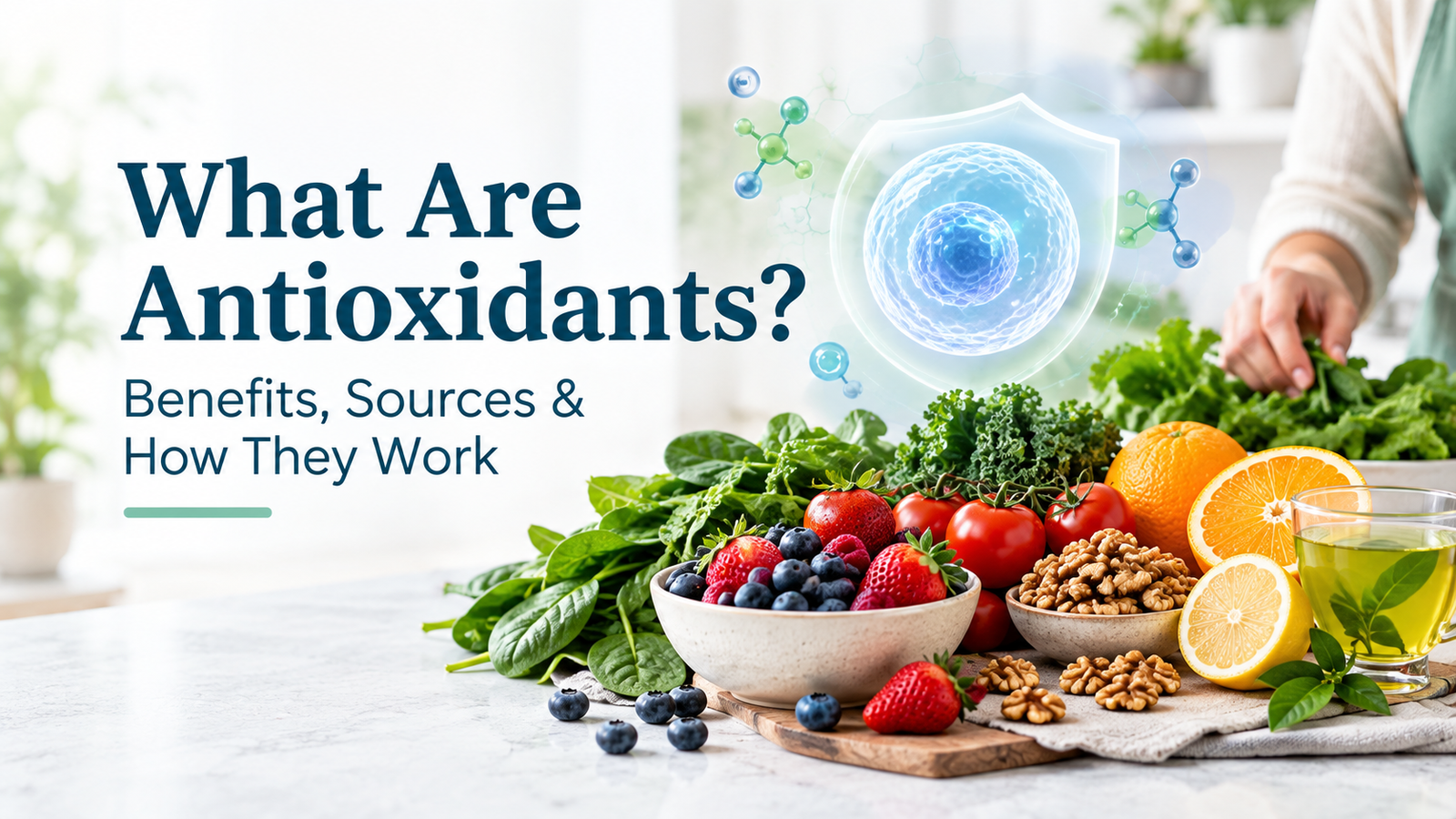 Antioxidant-rich foods including berries, leafy greens, tomatoes, citrus fruit, and walnuts
