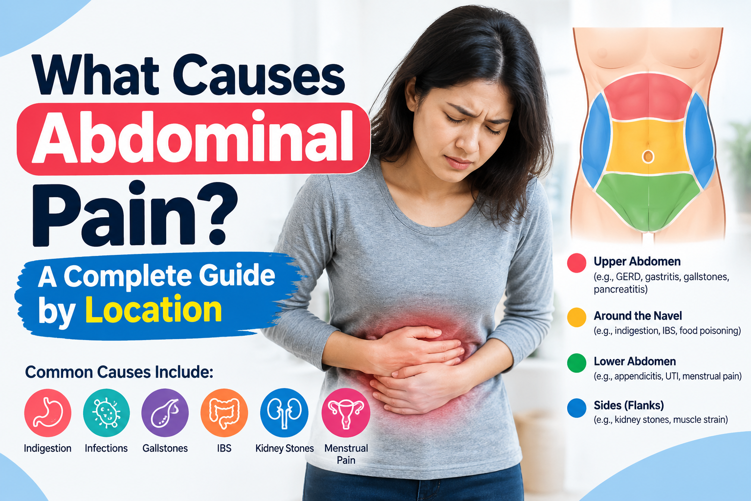 Illustration of a woman experiencing abdominal pain alongside a color-coded abdomen diagram showing common causes of pain by location, including indigestion, infections, gallstones, IBS, kidney stones, and menstrual pain.