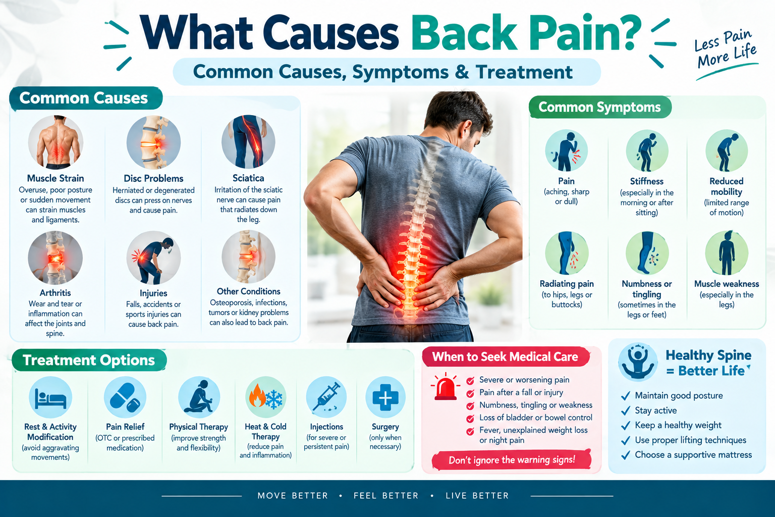 What causes back pain including muscle strain, sciatica, disc problems, symptoms, and treatment options