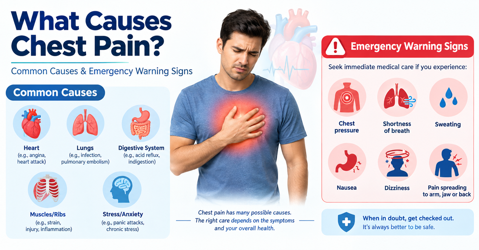 What causes chest pain including heart, lung, digestive, and muscle-related causes and emergency warning signs