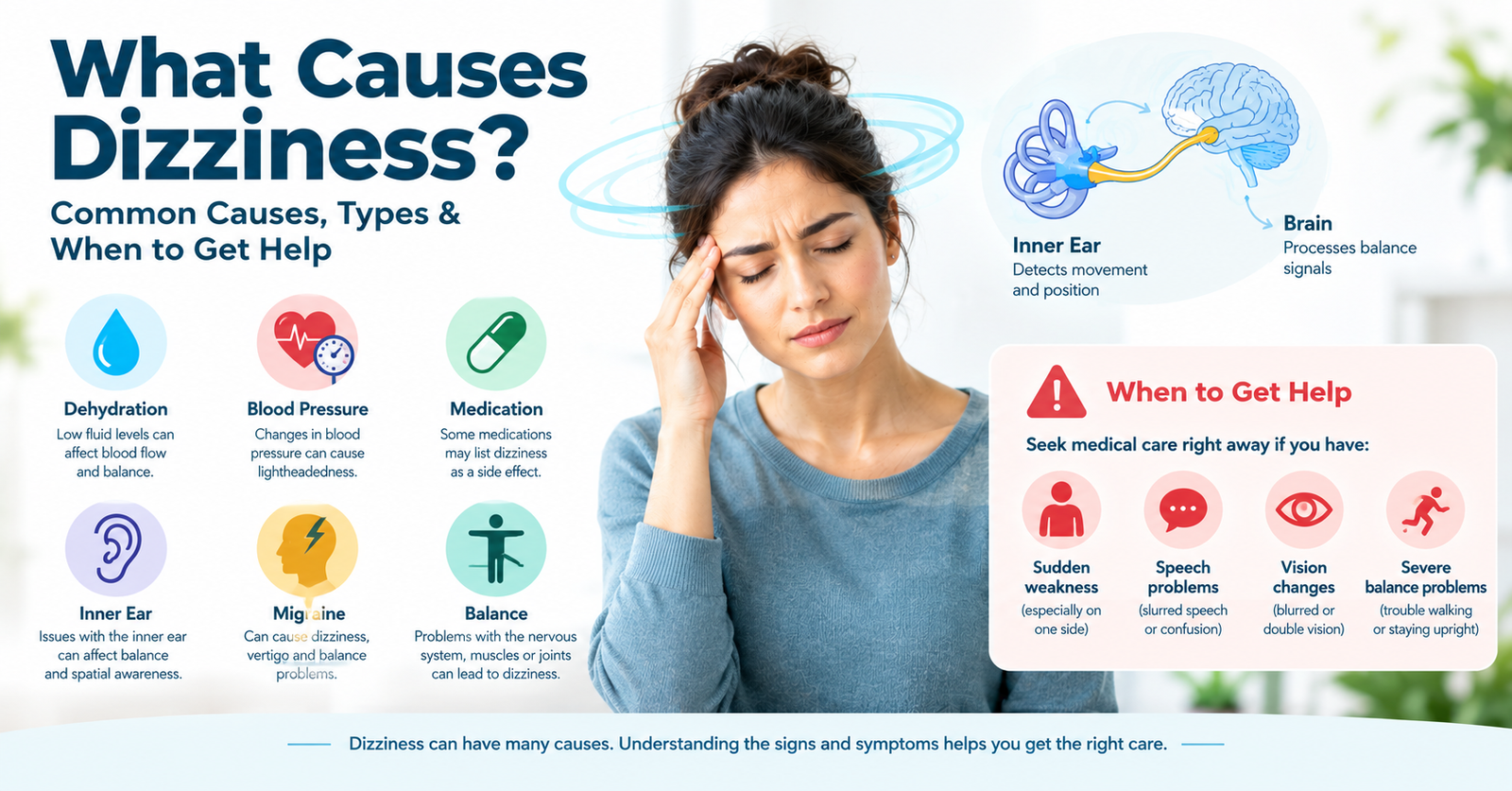 What causes dizziness including common causes, vertigo, symptoms, and warning signs
