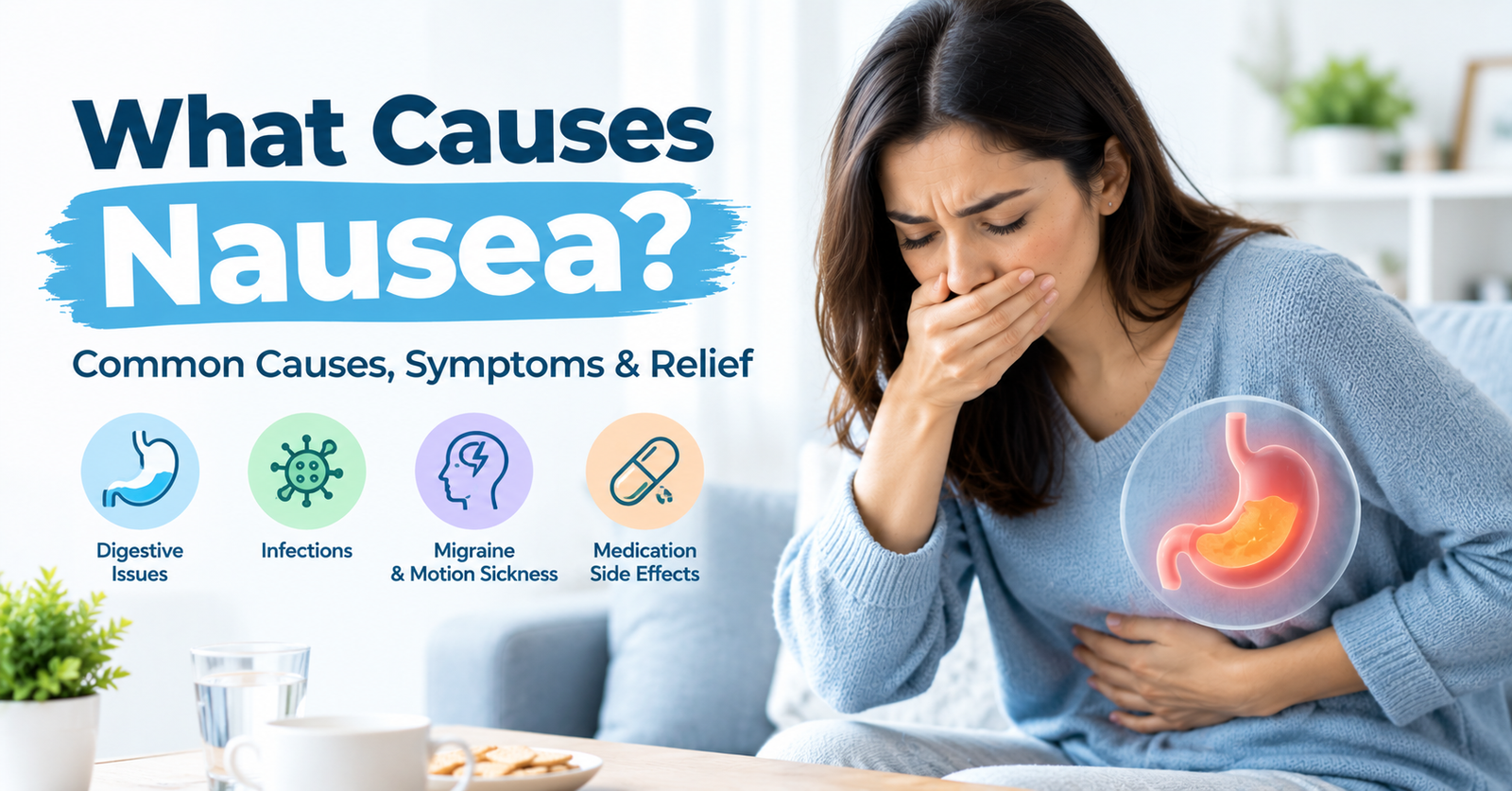 Woman experiencing nausea with a subtle stomach illustration highlighting common causes.