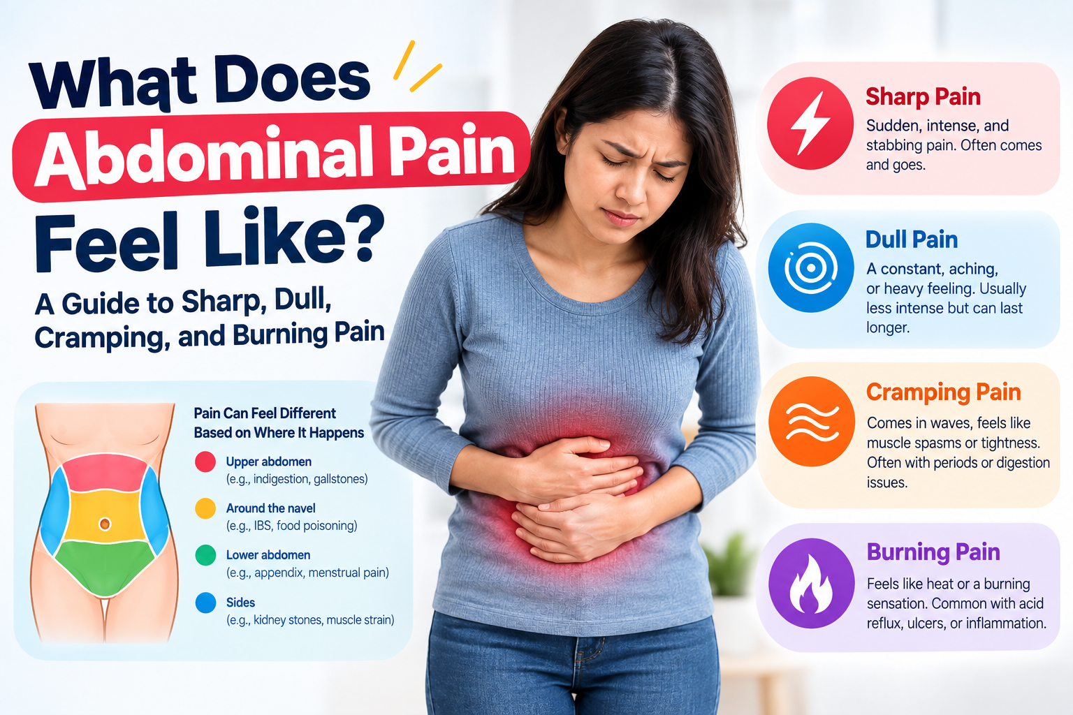 Medical infographic showing a woman experiencing abdominal pain, with four types of pain—sharp, dull, cramping, and burning—alongside a diagram showing abdominal pain by location.