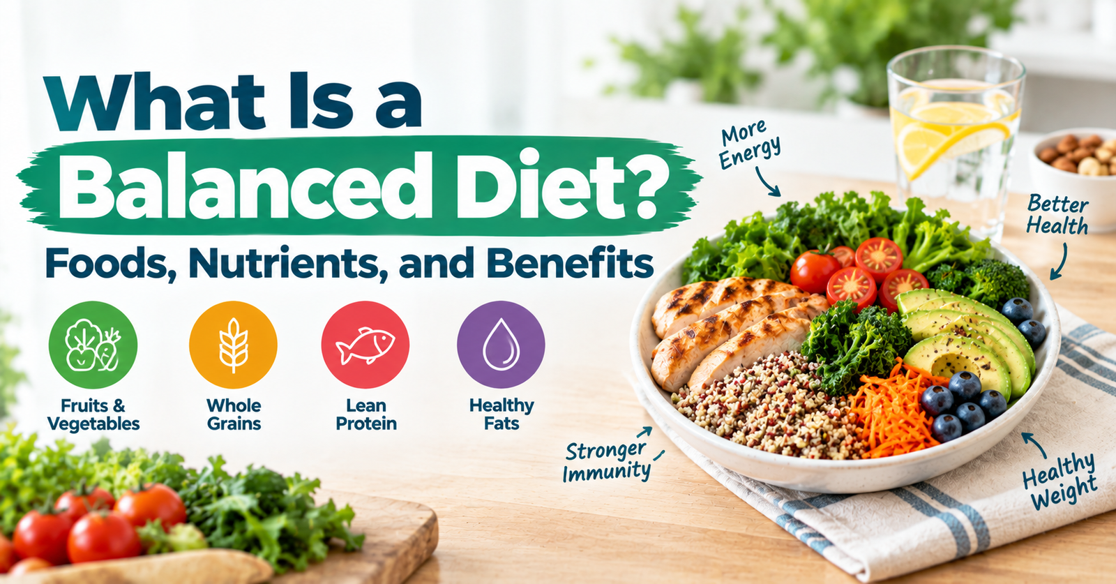 Balanced diet infographic featuring fruits and vegetables, whole grains, lean protein, healthy fats, and a nutritious meal bowl.