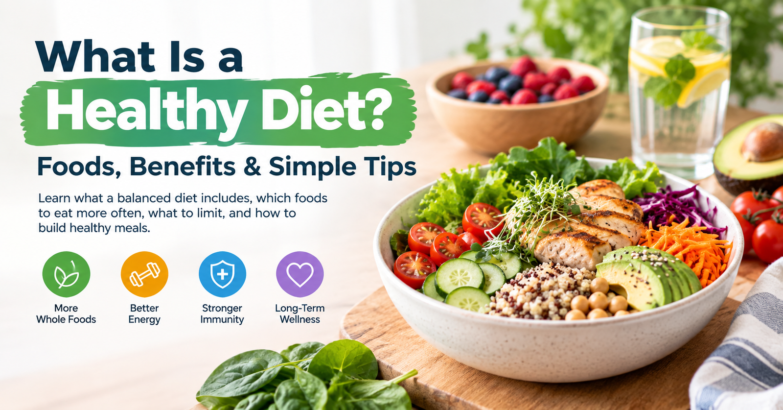 What is a healthy diet with vegetables, fruits, whole grains, protein, and healthy fats