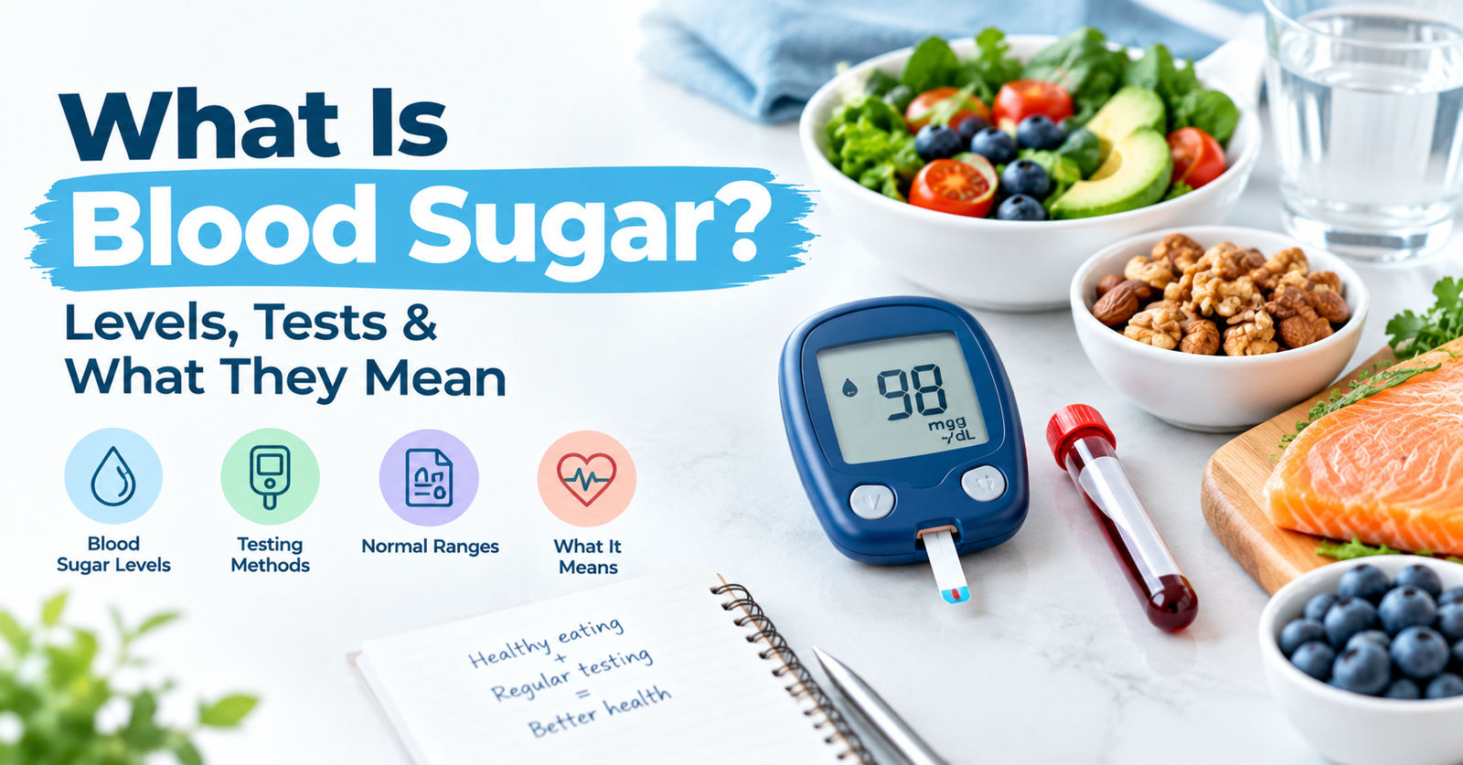 Blood glucose meter and healthy foods illustrating blood sugar levels and testing