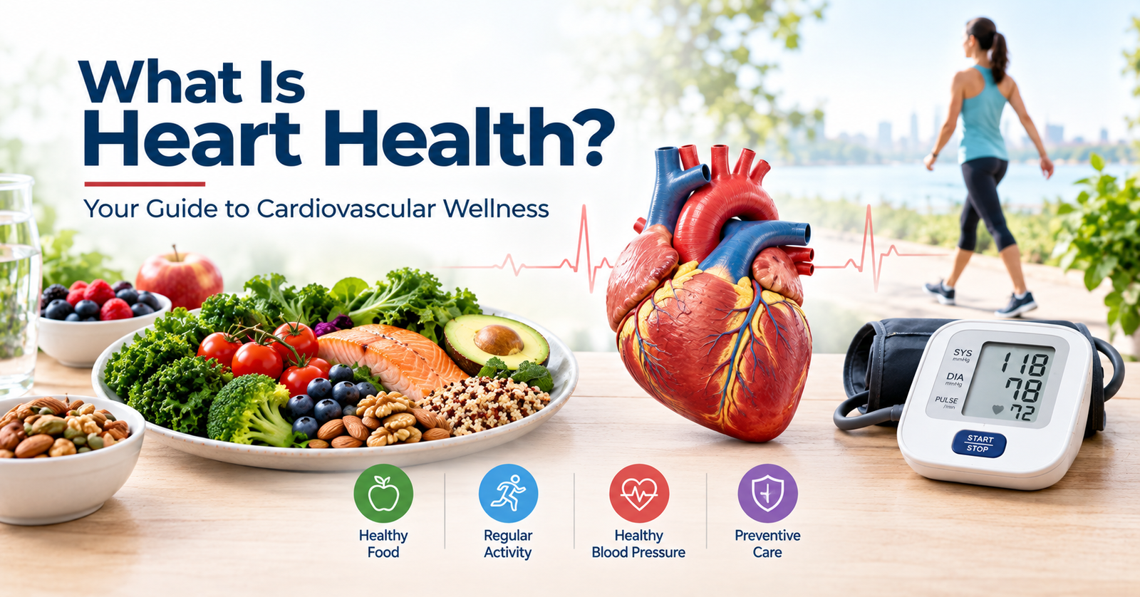 Healthy heart with nutritious foods, physical activity, and blood pressure monitoring representing cardiovascular health.