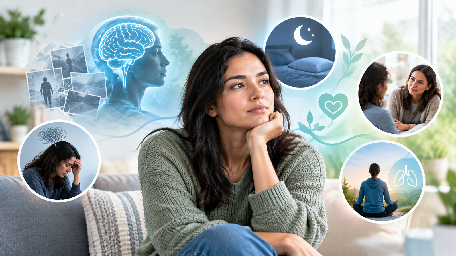 Person representing PTSD and mental health with subtle brain and emotional wellness imagery