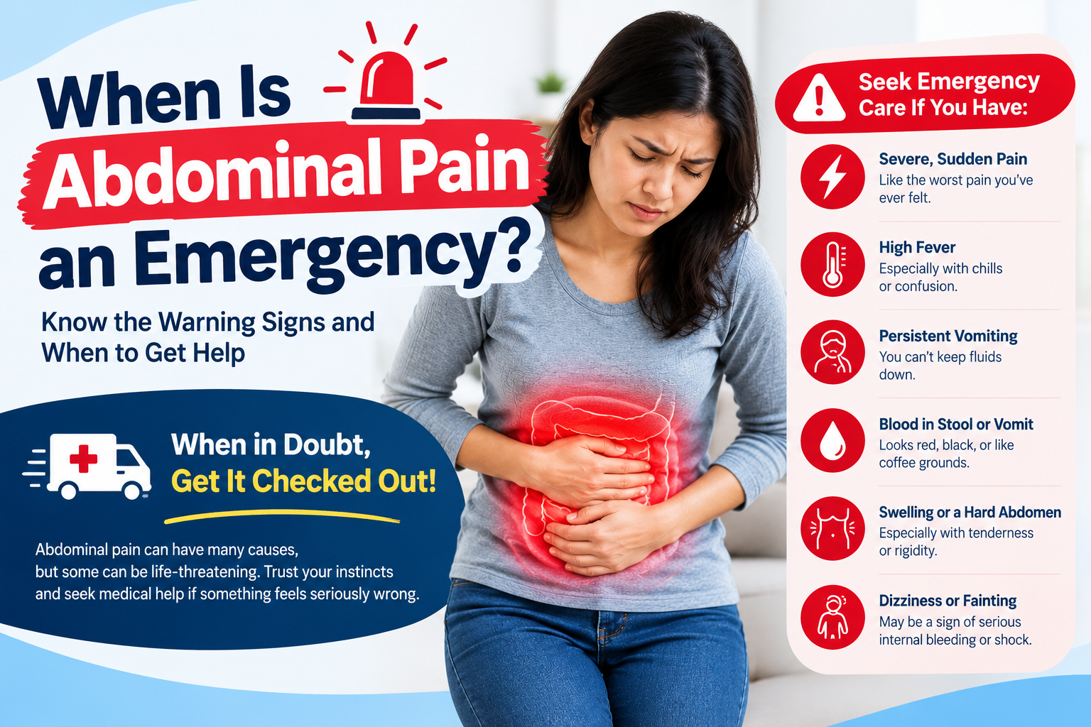 Infographic showing warning signs that abdominal pain may be an emergency, including severe pain, fever, vomiting, bleeding, swelling, and dizziness.