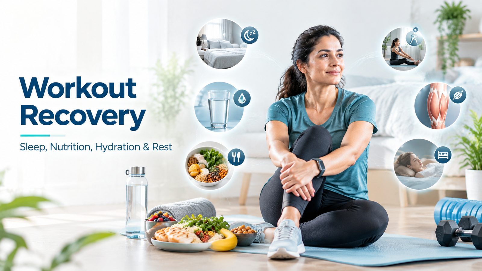 Person recovering after a workout with visual elements representing sleep, hydration, nutrition, rest, and muscle recovery.