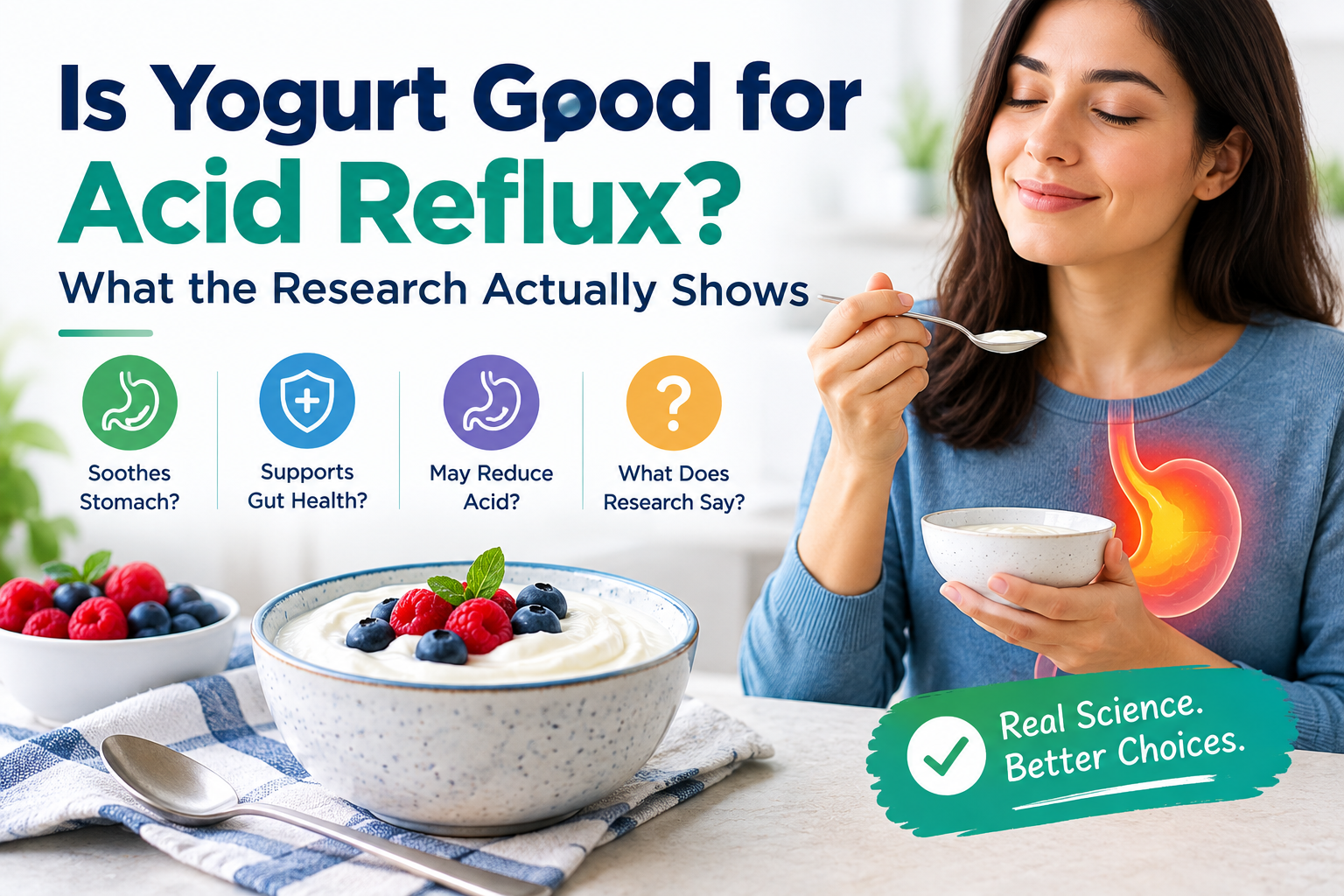 Yogurt and berries featured in an acid reflux health infographic.