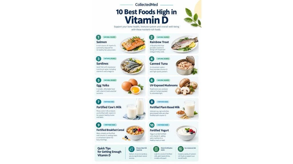 Infographic showing 10 foods high in vitamin D, including fatty fish, egg yolks, mushrooms, and fortified foods.