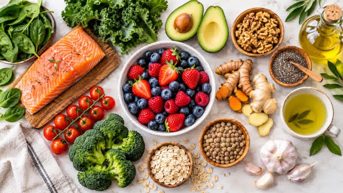 Colorful anti-inflammatory foods including berries, leafy greens, salmon, nuts, and olive oil arranged on a table.