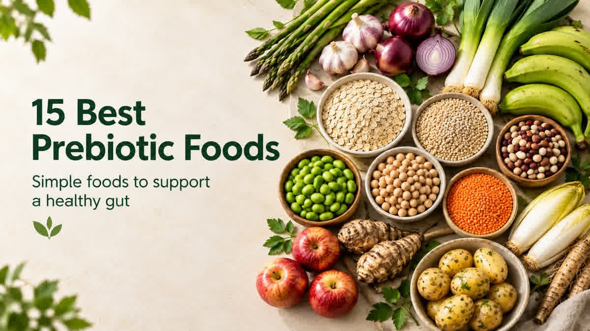 Assorted prebiotic foods including garlic, onions, oats, bananas, lentils, chickpeas, apples, and potatoes