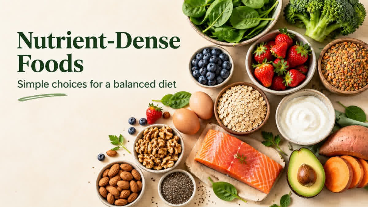 Assortment of nutrient-dense foods including spinach, broccoli, berries, eggs, salmon, lentils, nuts, seeds, and avocado