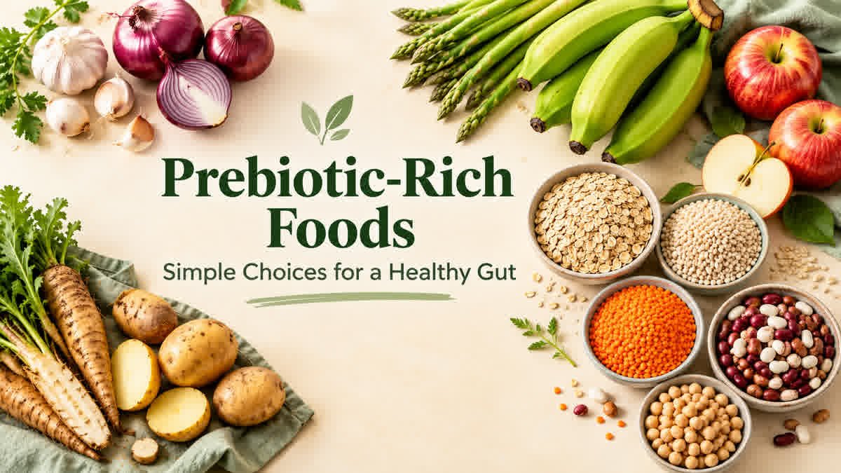 Prebiotic-rich foods including garlic, onions, asparagus, green bananas, apples, oats, lentils, chickpeas, and beans