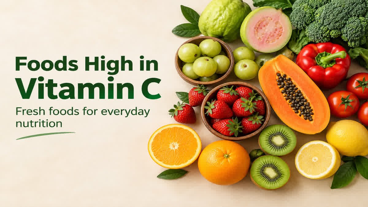 Vitamin C-rich foods including guava, amla, oranges, kiwi, papaya, strawberries, bell peppers, broccoli, and tomatoes
