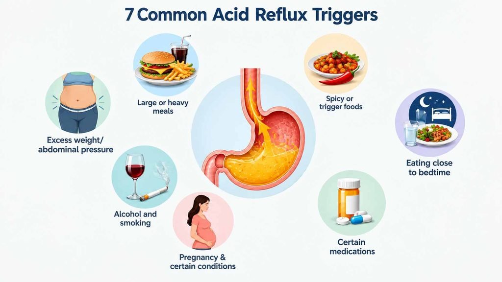 Infographic showing seven common acid reflux triggers, including large meals, trigger foods, late-night eating, excess weight, alcohol and smoking, pregnancy, and certain medications.