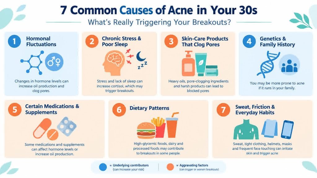 Infographic showing 7 common causes of acne in your 30s: hormonal fluctuations, stress, skincare products, genetics, medications, diet, and friction — with color coding for underlying contributors and aggravating factors.
