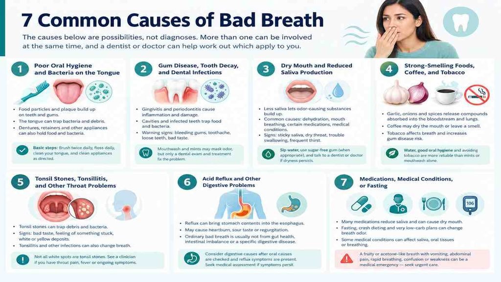 Infographic illustrating seven common causes of bad breath, including poor oral hygiene, gum disease, dry mouth, strong-smelling foods, tonsil stones, acid reflux, and medications or medical conditions.