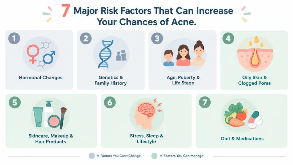 Infographic: 7 major acne risk factors — from hormones and genetics to diet and stress.