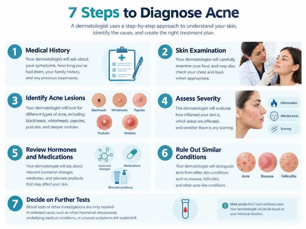 Infographic illustrating seven steps in acne diagnosis, from medical history and skin examination to assessing severity and deciding whether further tests are needed.