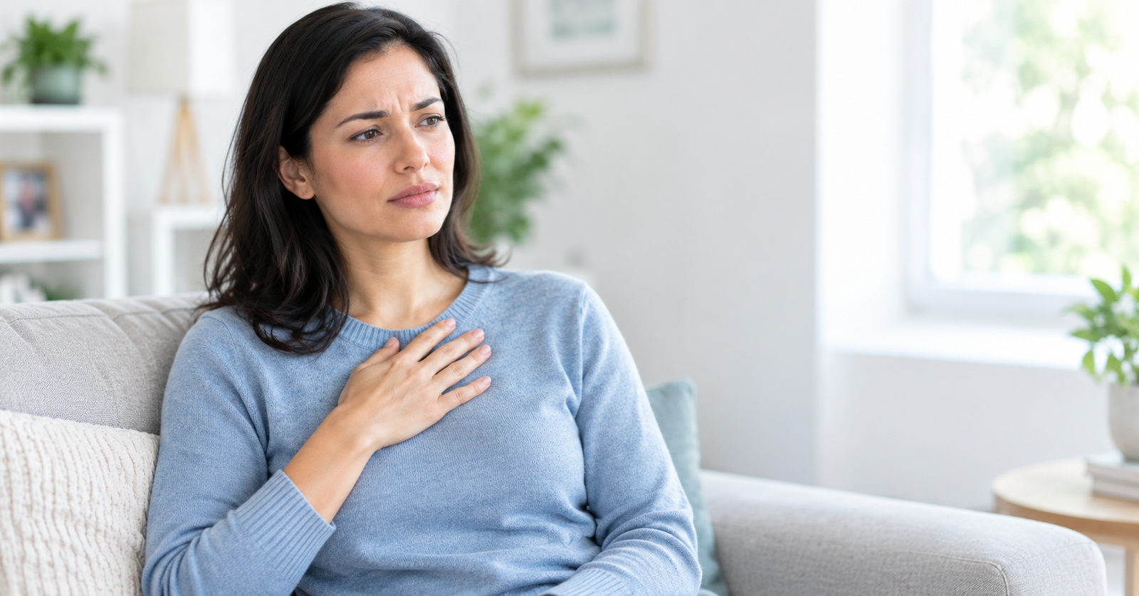 Adult experiencing recurring chest discomfort at home