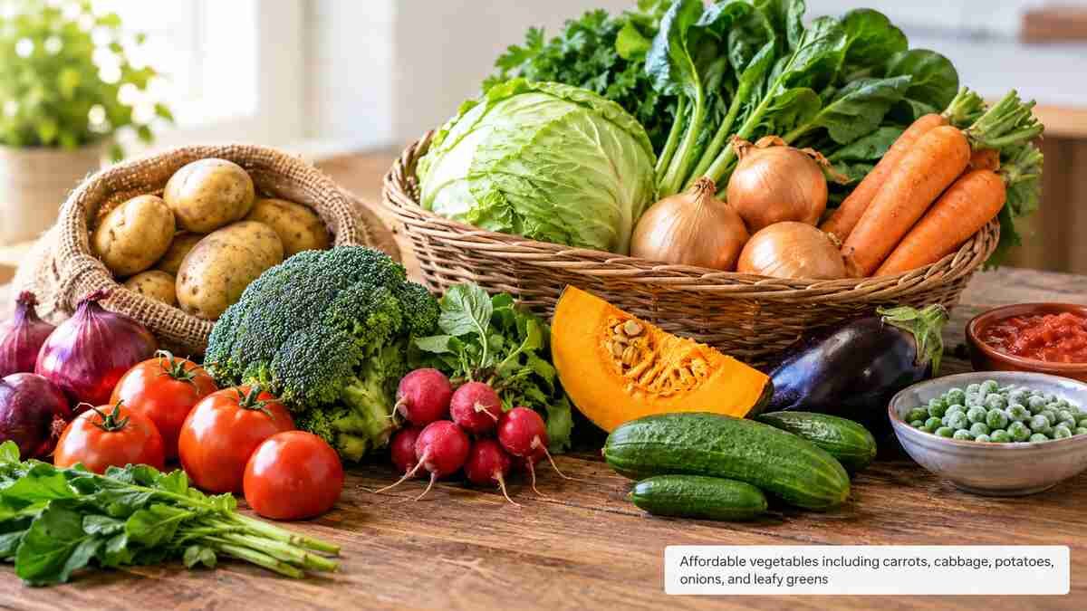 Affordable vegetables including carrots, cabbage, potatoes, onions, tomatoes, and leafy greens arranged on a wooden table.