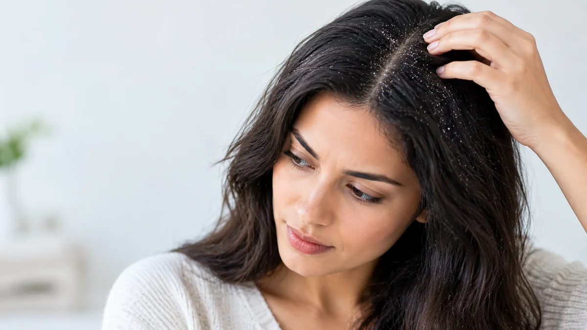 Dandruff causing visible scalp flakes in a person's hair