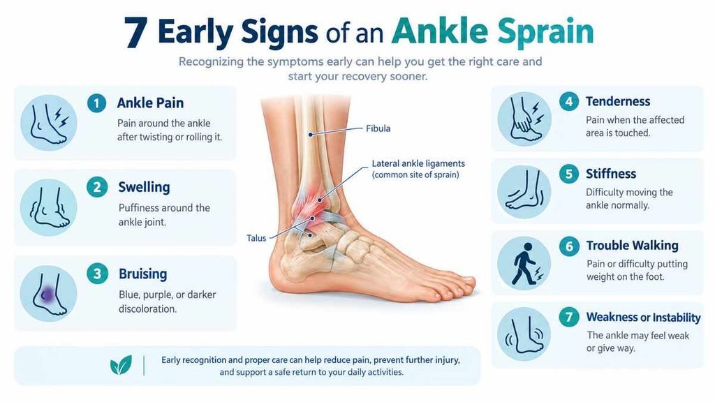 Infographic showing seven early signs of an ankle sprain, including pain, swelling, bruising, tenderness, stiffness, difficulty walking, and instability.