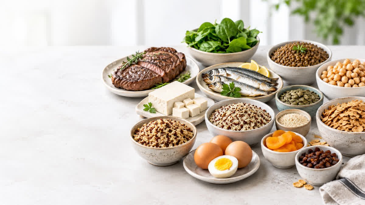 Iron-rich foods including lentils, lean beef, spinach, chickpeas, pumpkin seeds, and sardines.