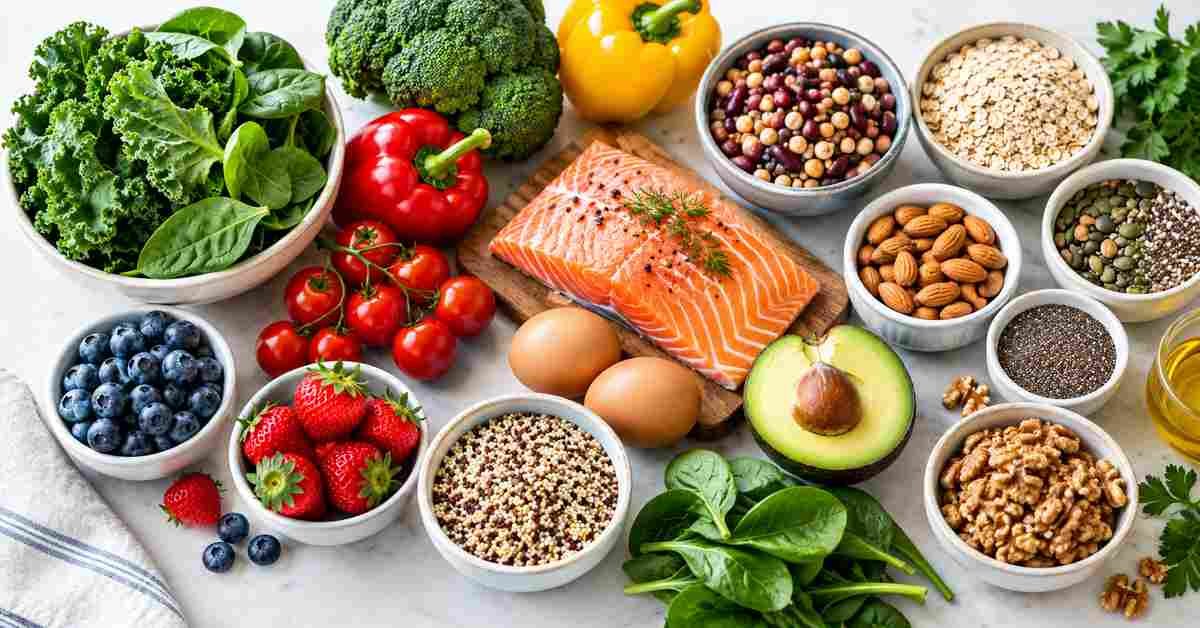 A balanced selection of leafy greens, colorful vegetables, berries, eggs, salmon, beans, whole grains, nuts, seeds, and avocado arranged on a table.