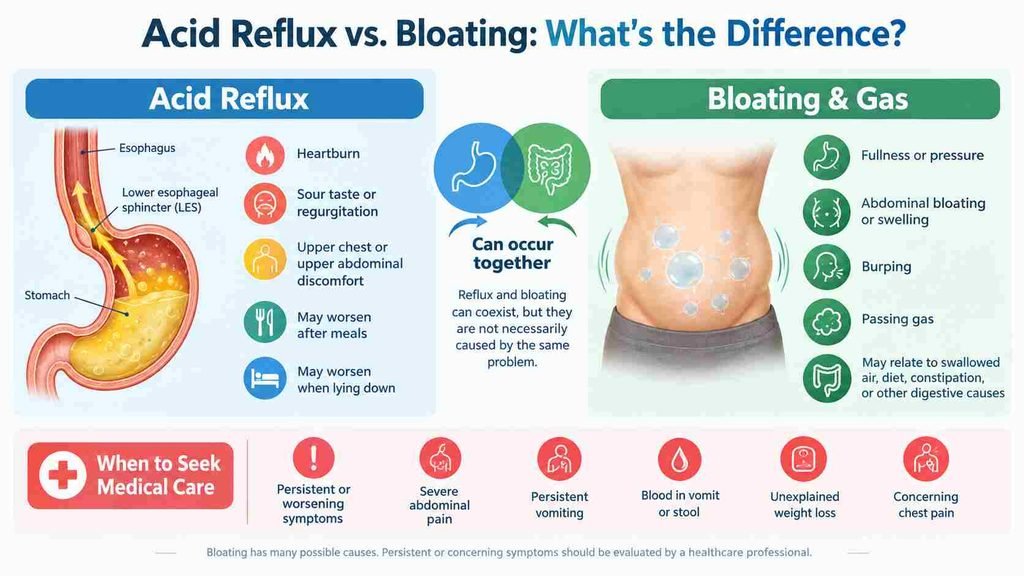 Infographic comparing acid reflux and bloating, including common symptoms, possible causes, and warning signs that may require medical attention.