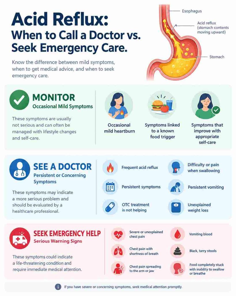 Acid reflux warning signs and when to see a doctor or seek emergency care.
