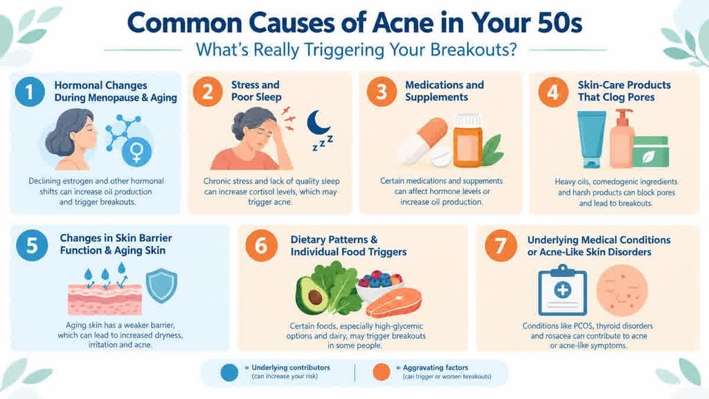 Infographic: 7 common causes of acne in your 50s — from hormones and medications to aging skin and diet.