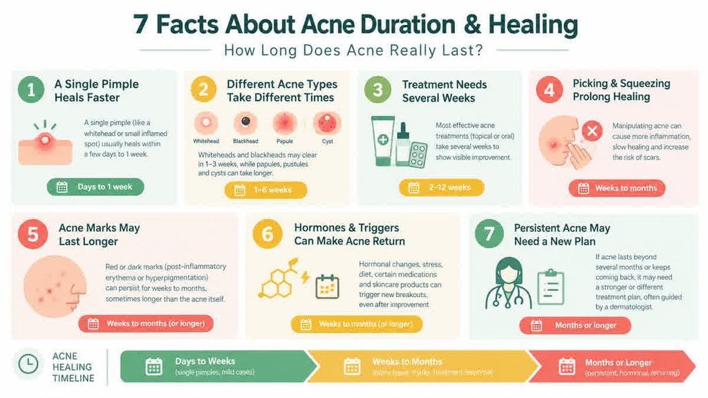 7 facts about acne duration and healing — from single pimples to scars and recurrence.