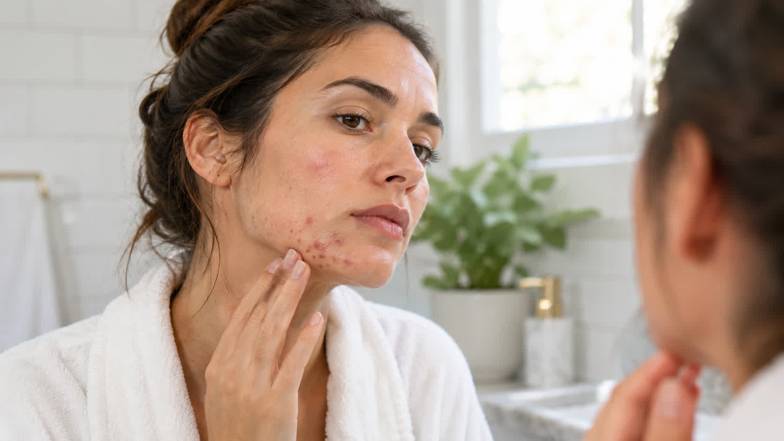 Woman in her 30s examining acne on her chin and jawline in a bathroom mirror — 7 common causes of adult acne and how to manage it.