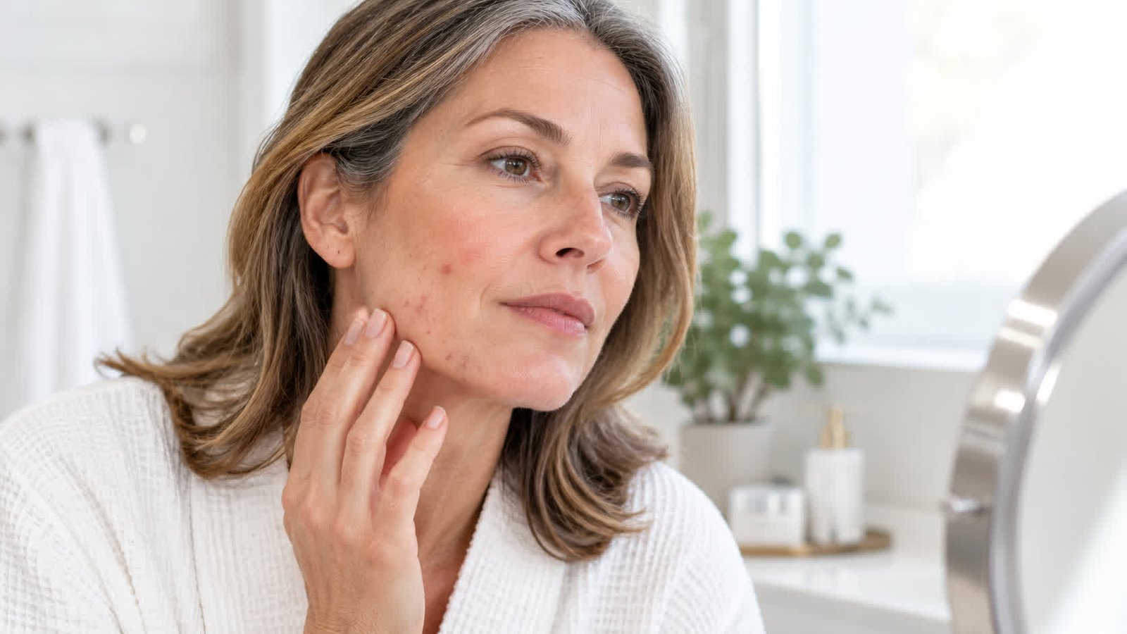 Woman in her 50s examining her skin while managing facial acne.