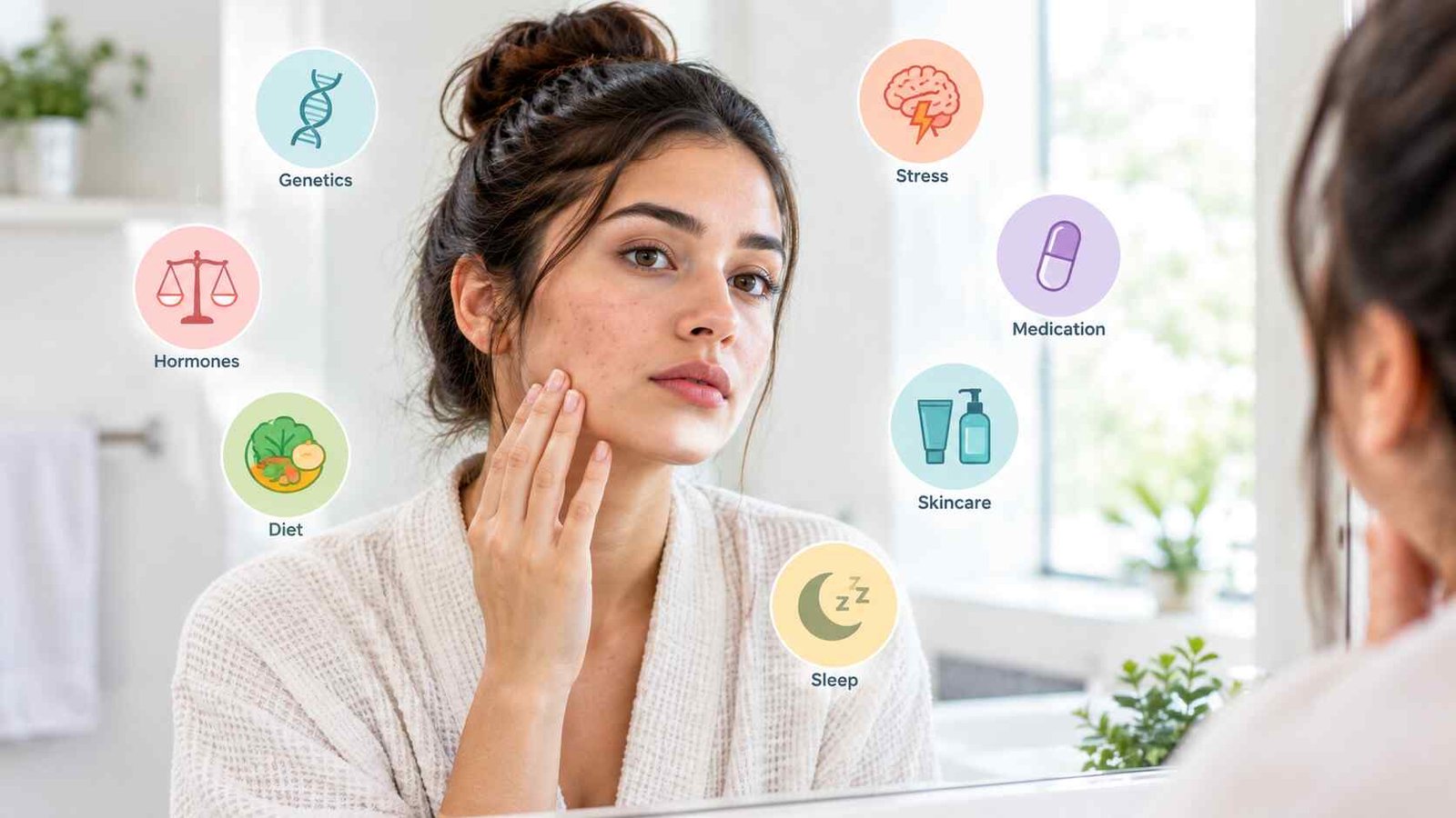 Young adult examining their skin in a mirror with floating icons representing acne risk factors — genetics, hormones, diet, stress, and lifestyle explained.