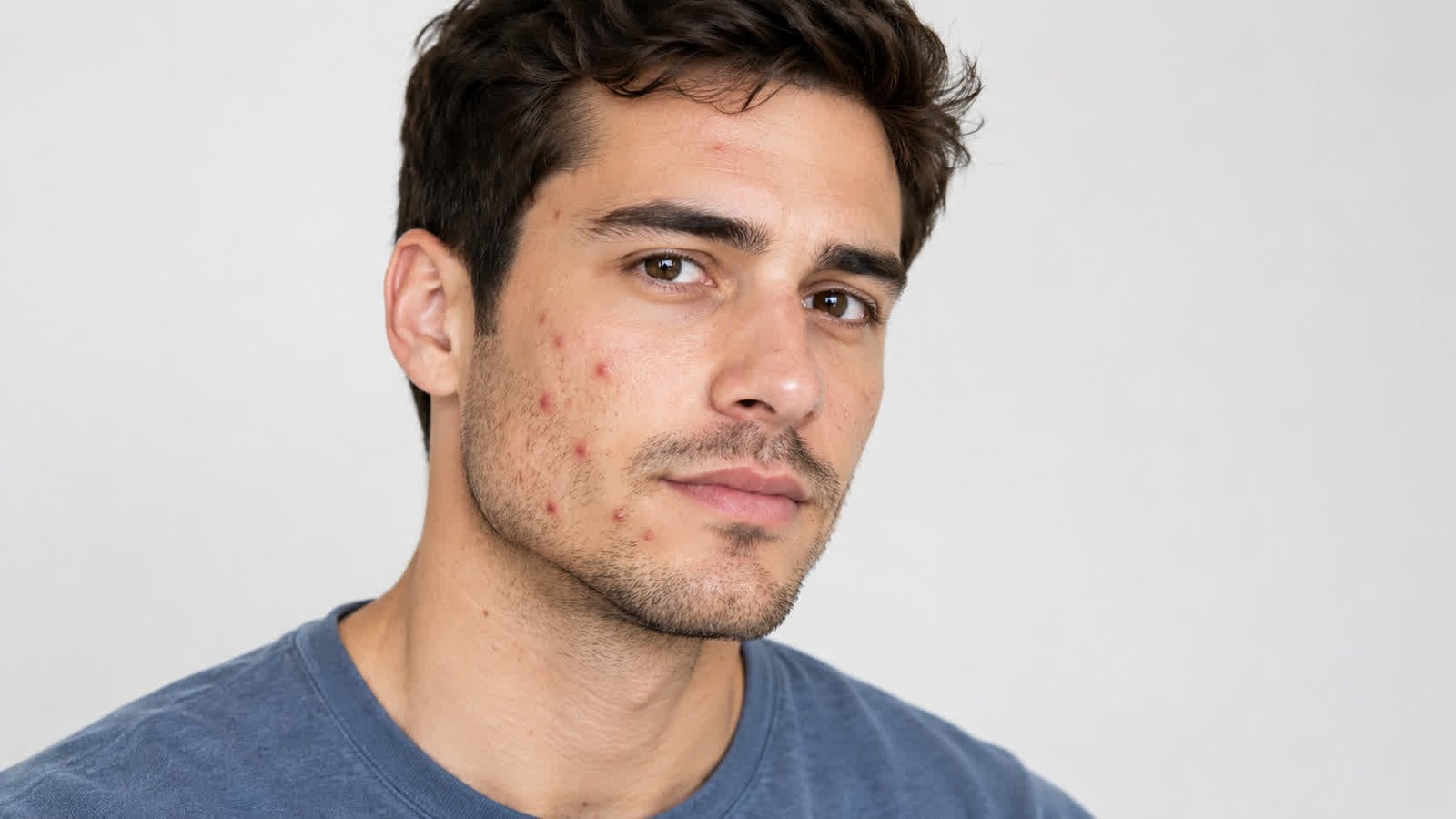 Adult man with visible acne pimples on his cheeks and jawline.
