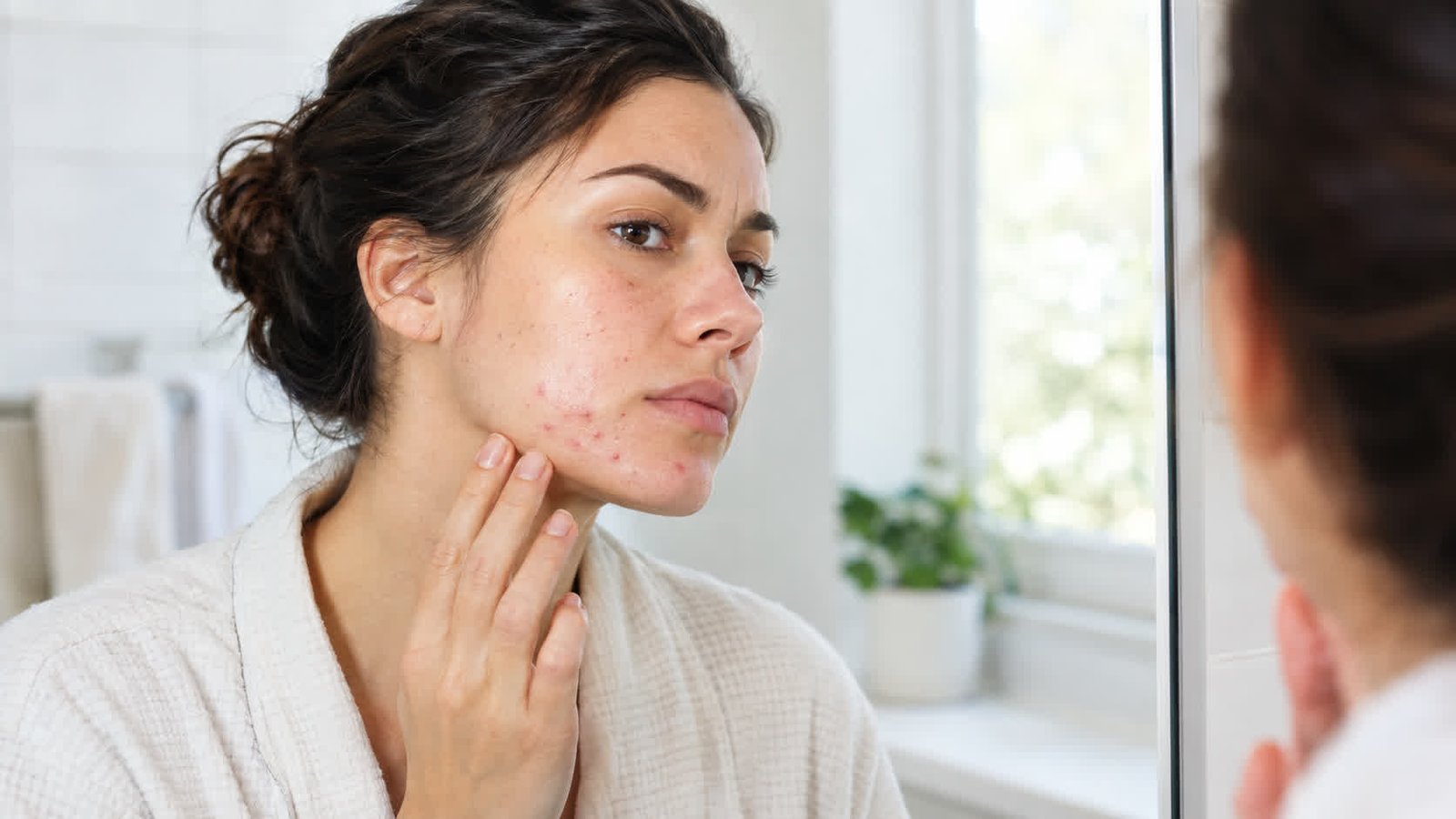 Adult woman with visible acne on her cheeks and chin.
